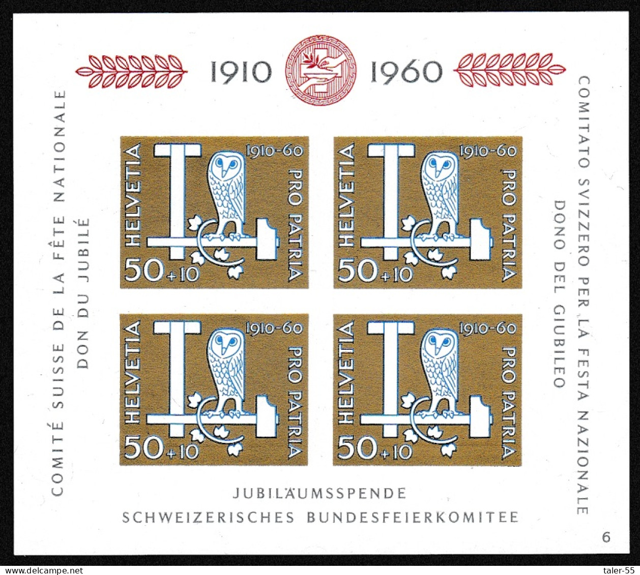 Switzerland Birds Owls 50th Anniversary Of Pro Patria Fund MS 1960 MNH SG#MS641 Sc#B297 - Unused Stamps