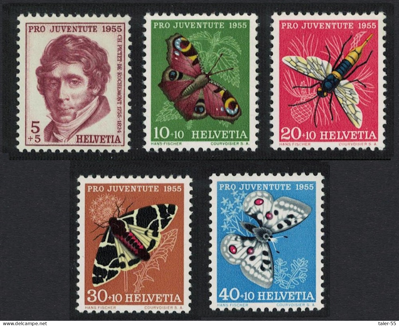 Switzerland Butterflies 5v Moths Wasp Pro Juventute 1955 Def 1955 SG#J157-J161 Sc#B247-B251 - Oblitérés