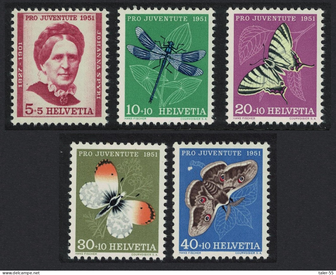 Switzerland Butterflies Moths Dragonfly 5v Pro Juventute 1951 1951 MNH SG#J137-J141 Sc#B207-B211 - Unused Stamps