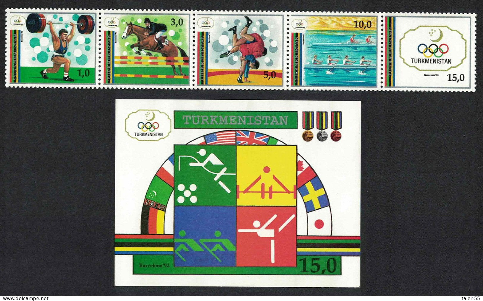 Turkmenistan Olympic Games Barcelona Strip Of 4v+MS 1992 MNH SG#16-MS21 Sc#22-23 - Turkménistan
