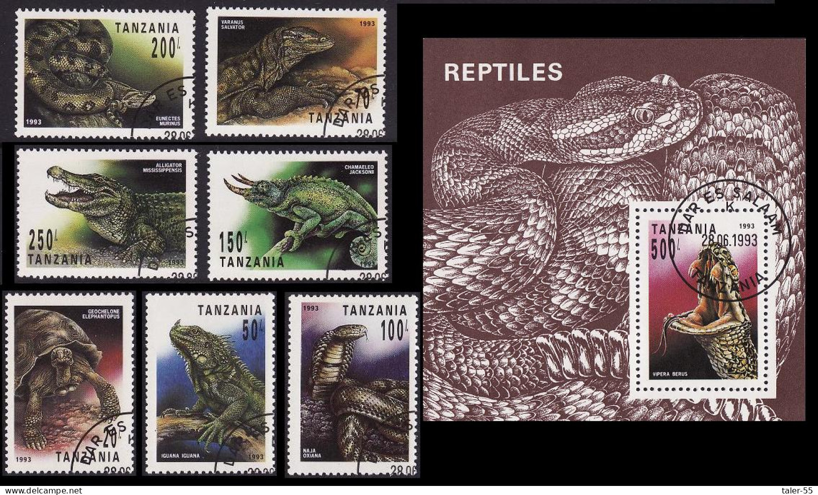 Tanzania Reptiles 7v+MS 1993 CTO SG#1528-MS1535 MI#1503-15090+Block 220 Sc#1128-1135 - Tanzania (1964-...)