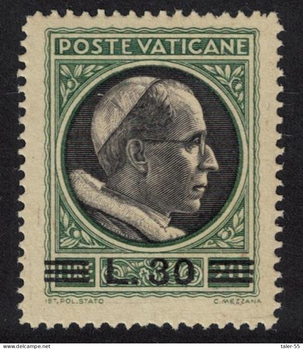 Vatican Pope Pius XII Overprint '30L' 1946 MNH SG#117 MI#123 Sc#109 - Neufs