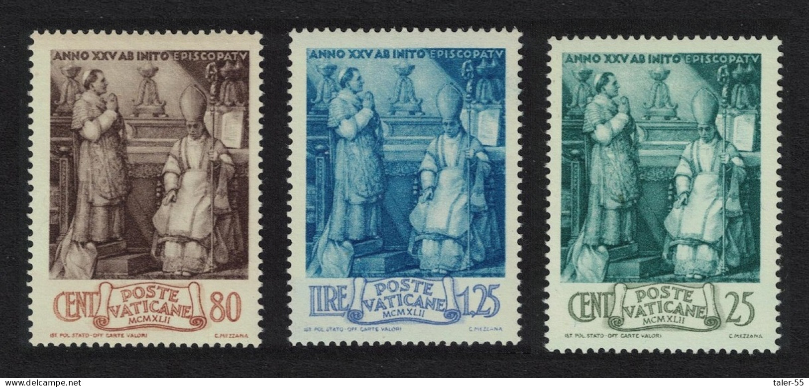 Vatican Pope's Episcopal Silver Jubilee 3v 1943 MH SG#88-91 Sc#80-83 - Unused Stamps