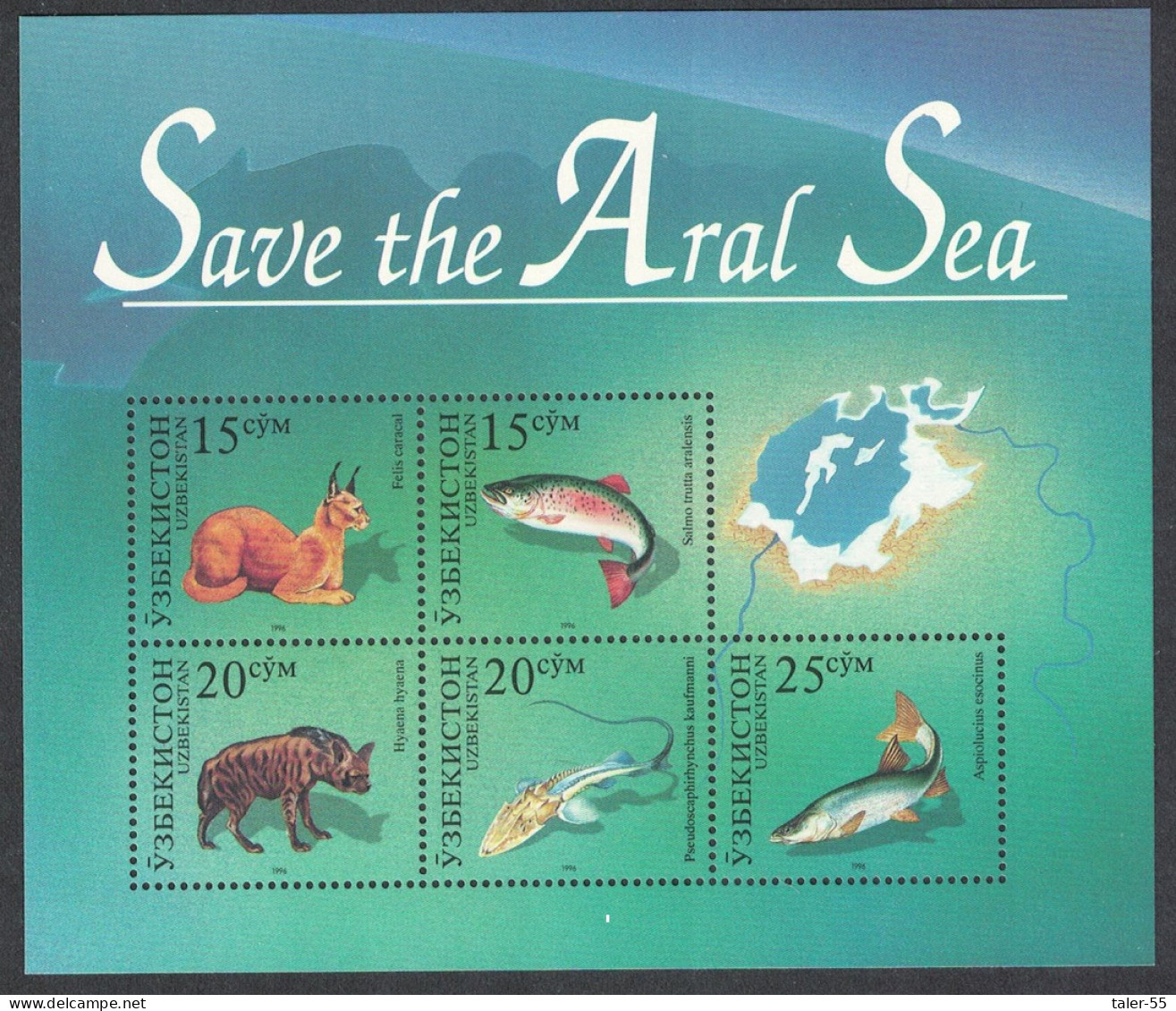 Uzbekistan Caracal Wild Cat Hyena Animals Fish - Save The Aral Sea MS 1996 MNH SG#MS116 MI#Block 12 - Usbekistan