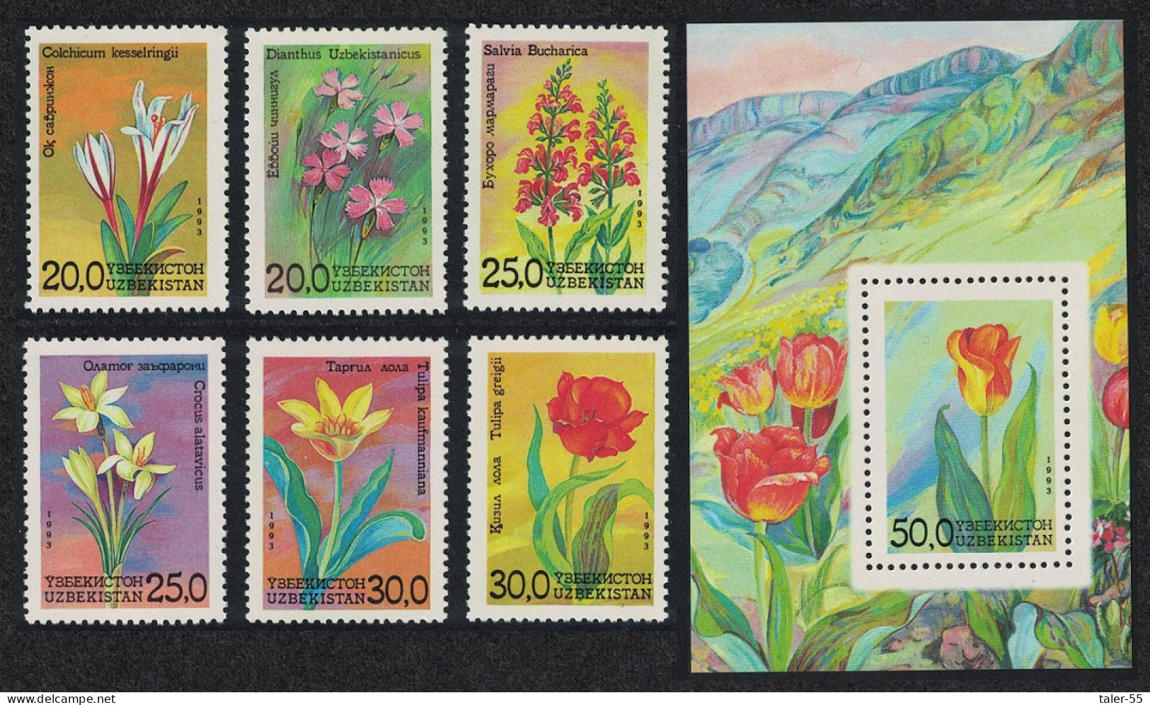 Uzbekistan Tulips Crocus Colchicum Flowers 6v+MS 1993 MNH SG#35-MS41 MI#35-40+Block 2 - Usbekistan