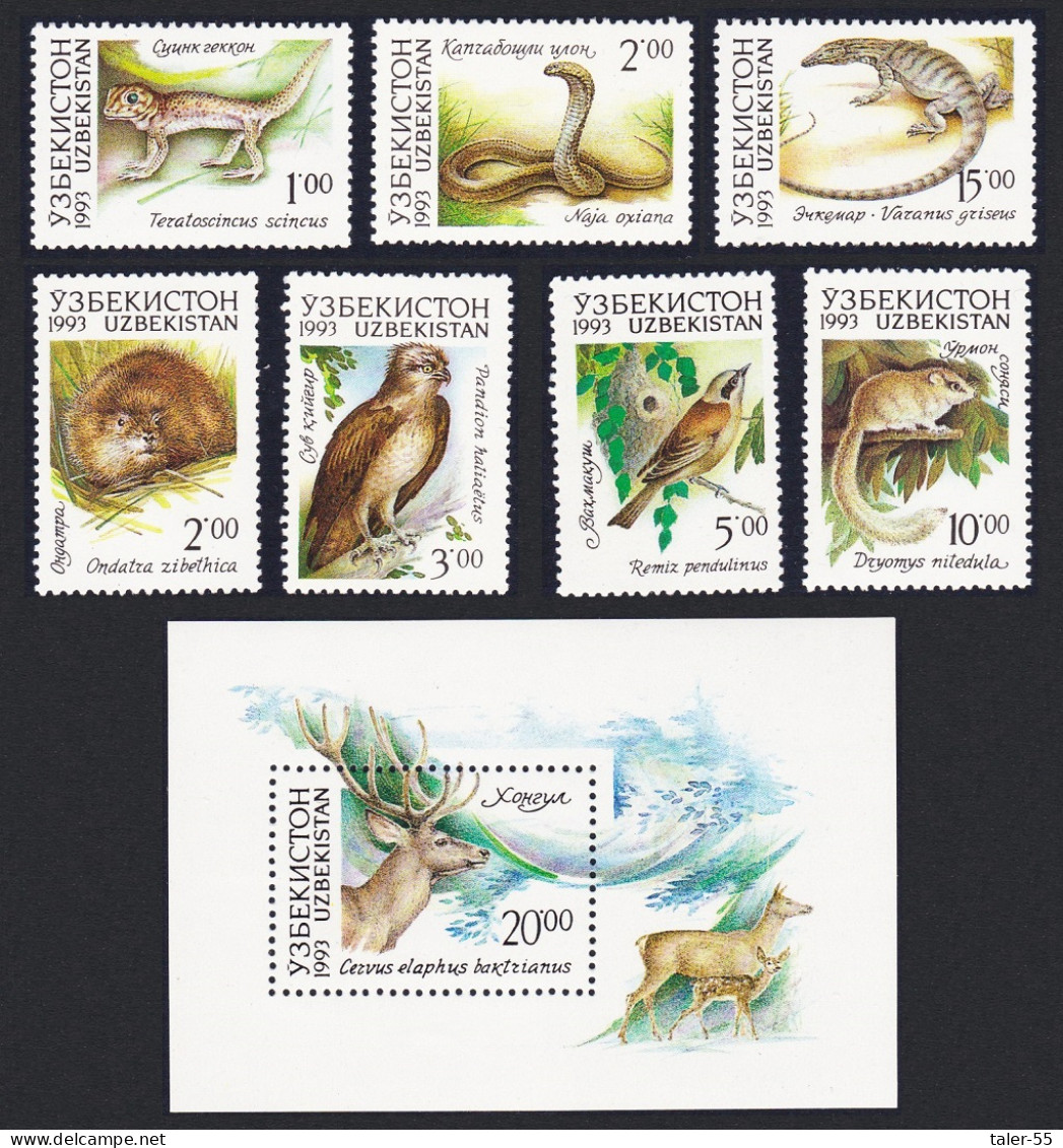 Uzbekistan Osprey Tit Birds Lizards Snake Stag Deer Animals 7v+MS 1993 MNH SG#7-MS14 MI#7-13+Block 1 - Usbekistan