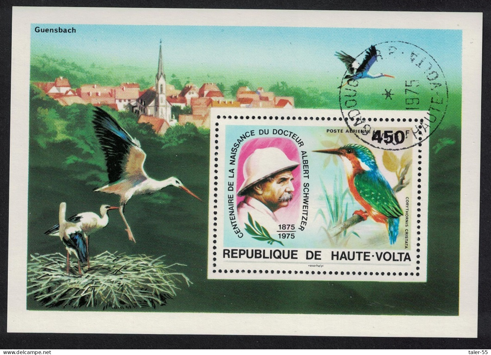 Upper Volta Stork Kingfisher Birds Dr Albert Schweitzer MS 1975 CTO MI#Block 35 Sc#C214 - Obervolta (1958-1984)