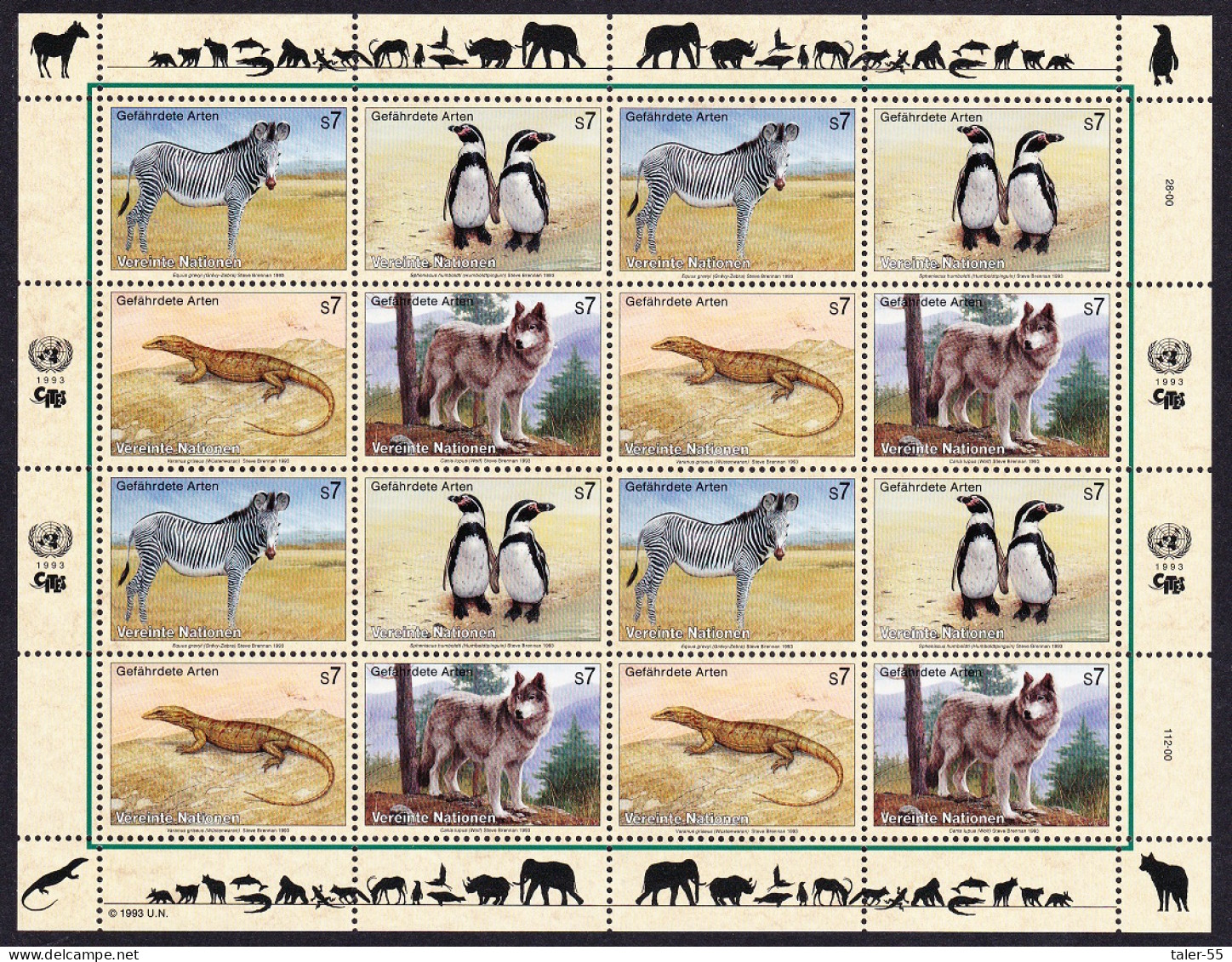 UN Vienna Birds Zebra Penguins Lizard Wolf Sheetlet Of 4 Sets 1993 MNH SG#V142-V145 MI#143-146 Sc#146a - Andere & Zonder Classificatie