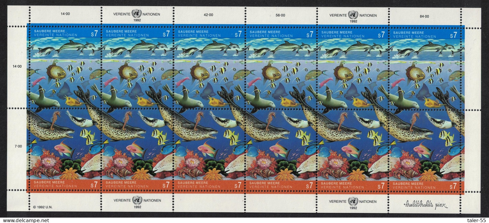 UN Vienna Whales Fish Marine Life Clean Ocean Sheetlet Of 6 Pairs 1992 MNH SG#V126-V127 - Autres & Non Classés