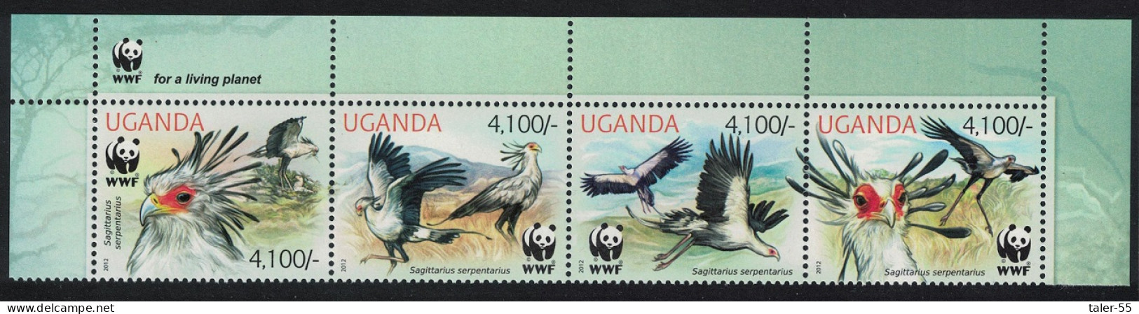 Uganda WWF Secretarybird Top Strip Of 4v WWF Logo 2012 MNH - Uganda (1962-...)