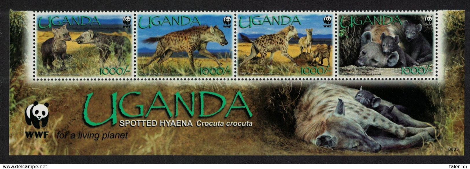 Uganda WWF Spotted Hyaena Bottom Strip Of 4v WWF Logo 2008 MNH SG#2551-2554 MI#2663-2666 Sc#1892a-d - Uganda (1962-...)