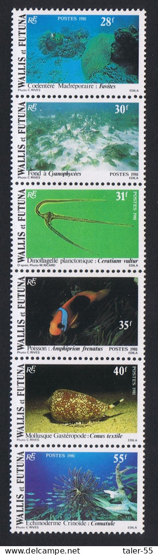 Wallis And Futuna Fish Shells Corals Undersea Fauna Strip Of 6v 1981 MNH SG#370-375 Sc#269a - Unused Stamps