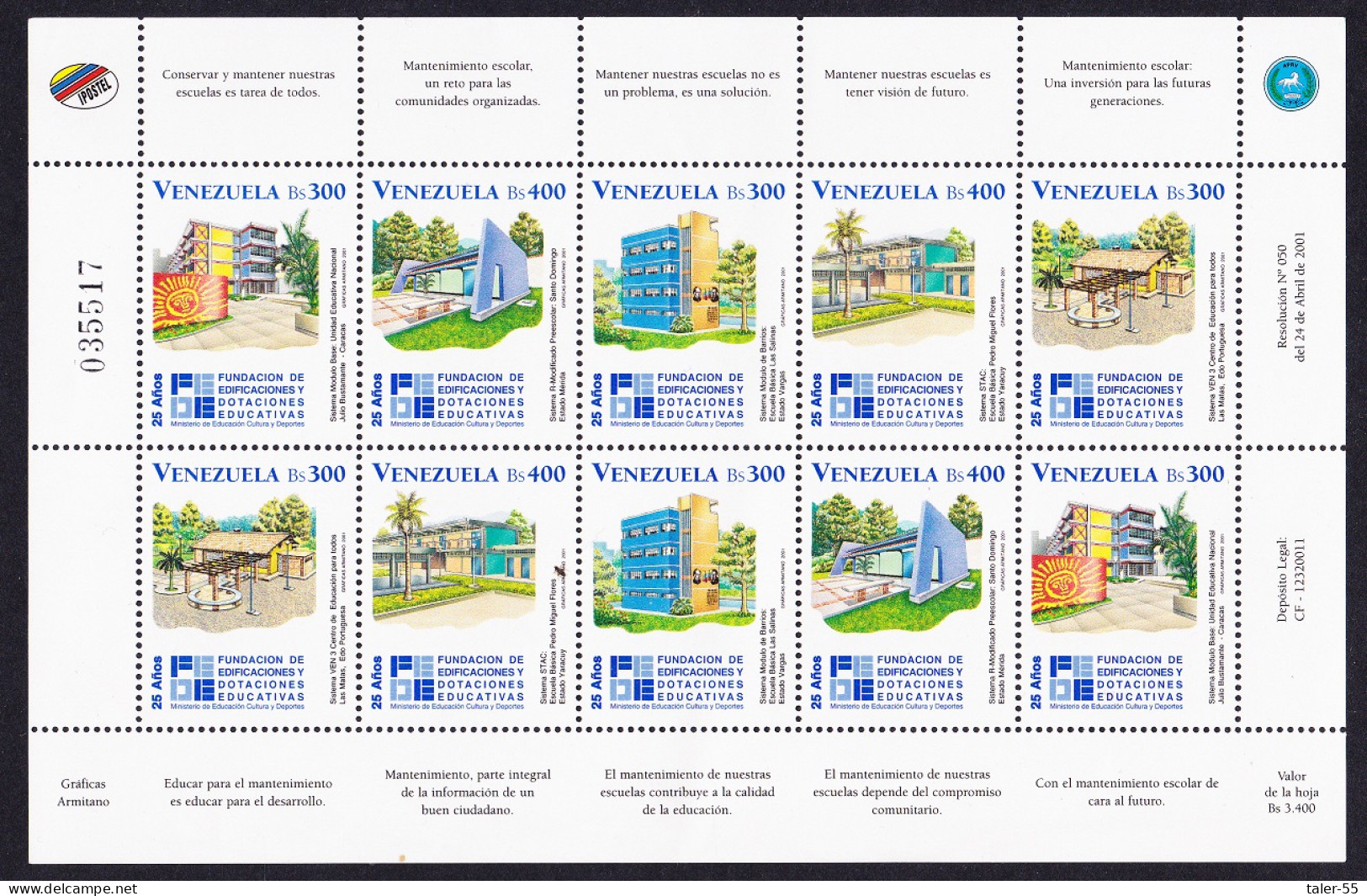 Venezuela Education Building And Endowment Foundation Sheetlet Of 10v 2001 MNH SG#3682-3686 Sc#1620 - Venezuela