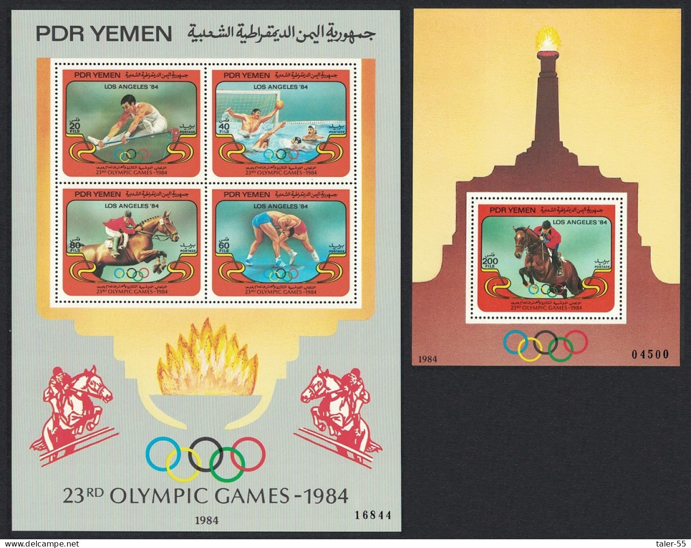 Yemen Horses Water Polo Wrestling Olympic Games Los Angeles 2 MSs 1984 MNH SG#MS319 - Yemen