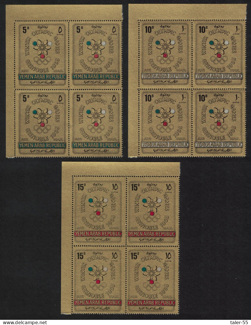 Yemen Winter Olympic Games Grenoble 3v On GOLD FOIL Corner Blocks Of 4 1967 MNH MI#613-615 - Yemen