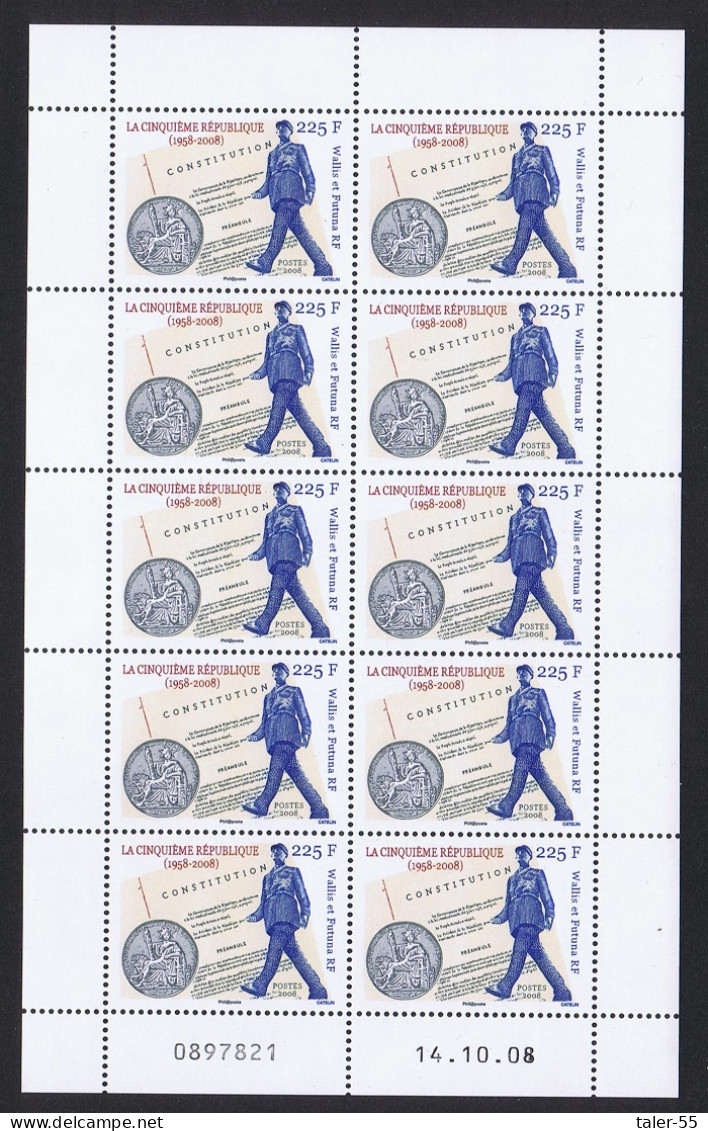 Wallis And Futuna General De Gaulle And Constitution Full Sheet 2008 MNH SG#951 - Unused Stamps