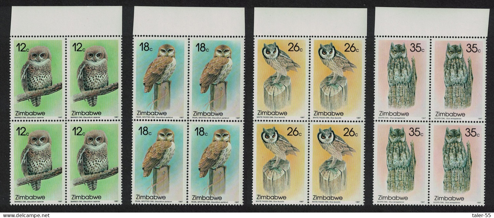Zimbabwe Owls 4v Blocks Of 4 Margins 1987 MNH SG#710-713 - Zimbabwe (1980-...)