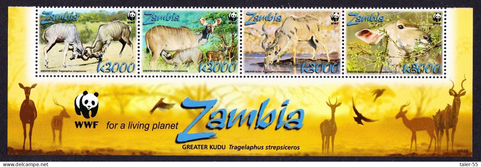 Zambia WWF Greater Kudu Strip Of 4v WWF Logo 2008 MNH SG#1049-1052 MI#1606-1609 Sc#1103a-d - Zambie (1965-...)