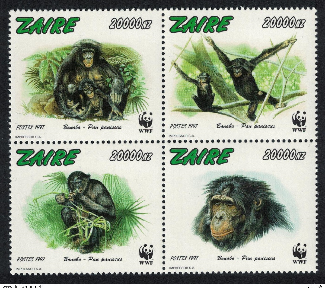 Zaire WWF Bonobo 4v In Block 2*2 1997 MNH MI#1339-1342 Sc#1466 A-d - Ungebraucht