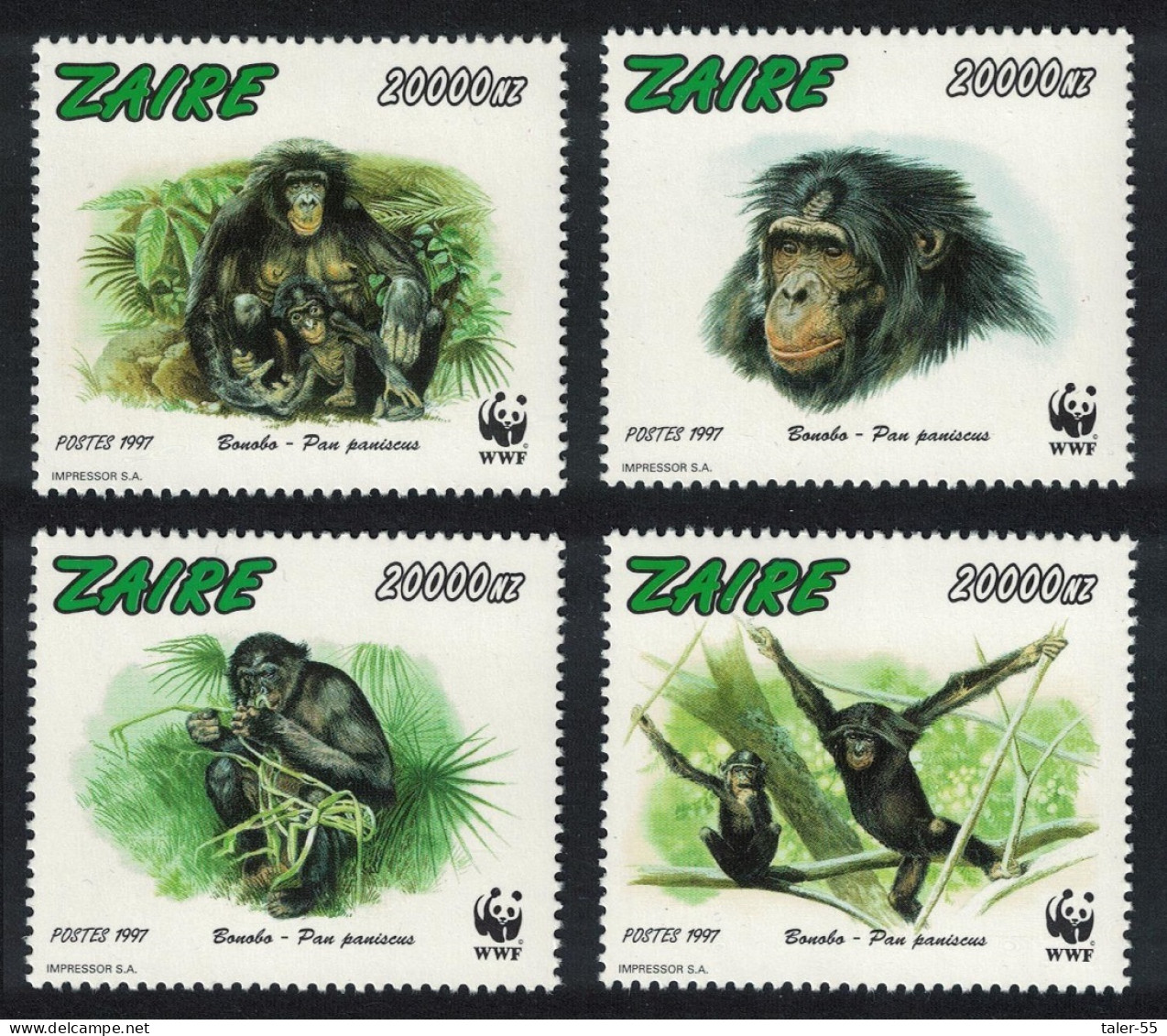 Zaire WWF Bonobo Monkey 4v 1997 MNH MI#1339-1342 Sc#1466 A-d - Ungebraucht