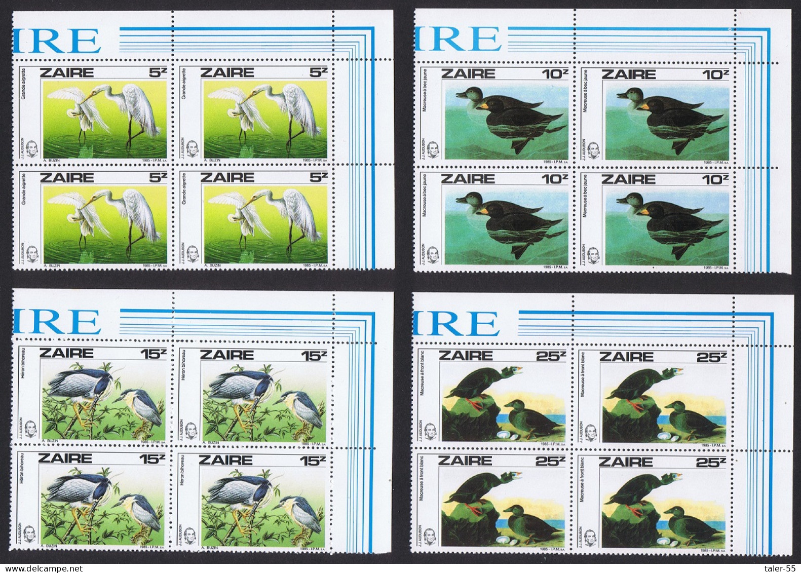 Zaire Birds Audubon 4v T2 Corner Blocks Of 4 1985 MNH SG#1238-1241 MI#906-907 Sc#1195-1198 - Ungebraucht