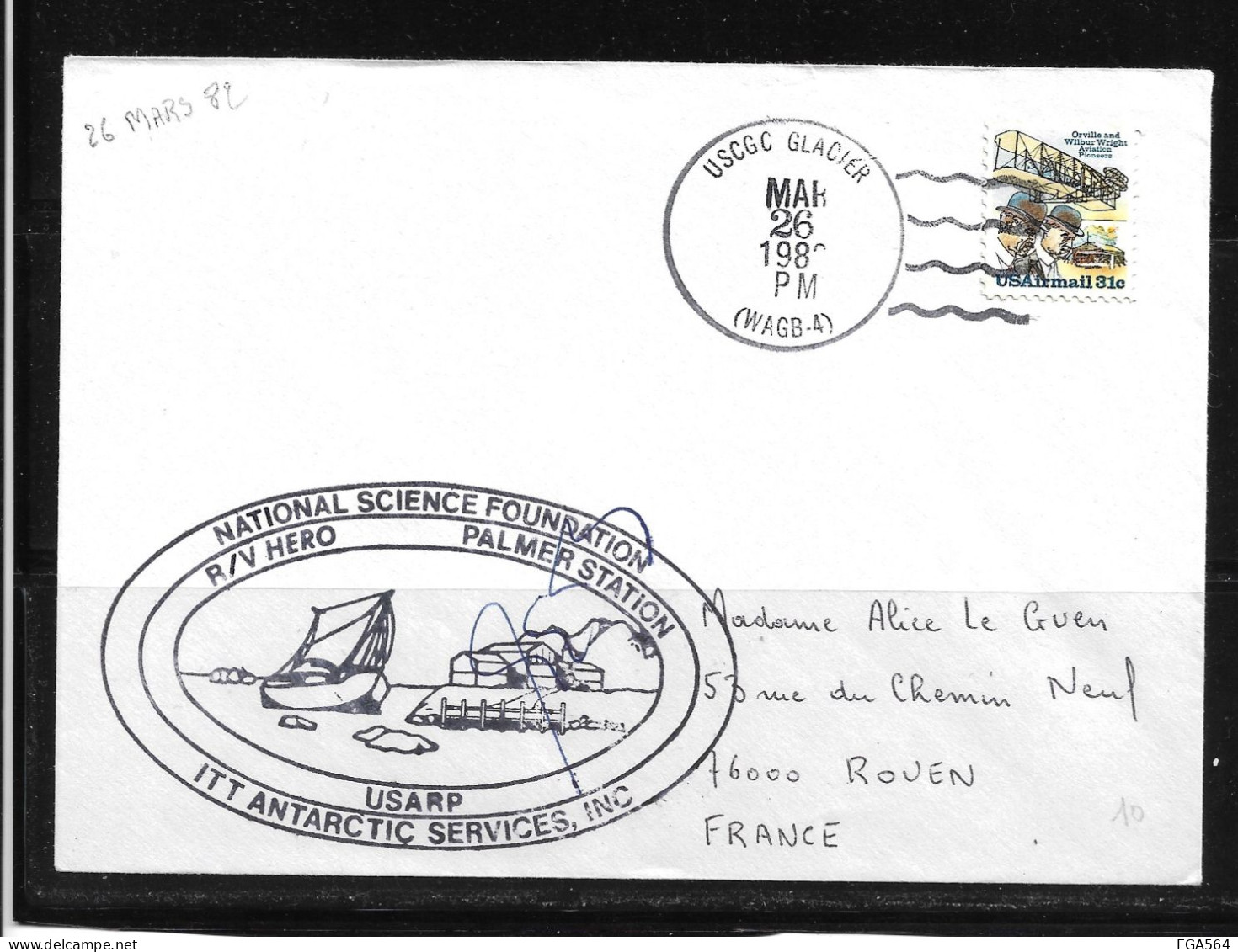 94- Pli Etats Unis -  Oblitération USCGC GLACIER Du 26.3.1982 -  Grand Cachet Illustré R/V HERO    PALMER STATION - Onderzoeksstations