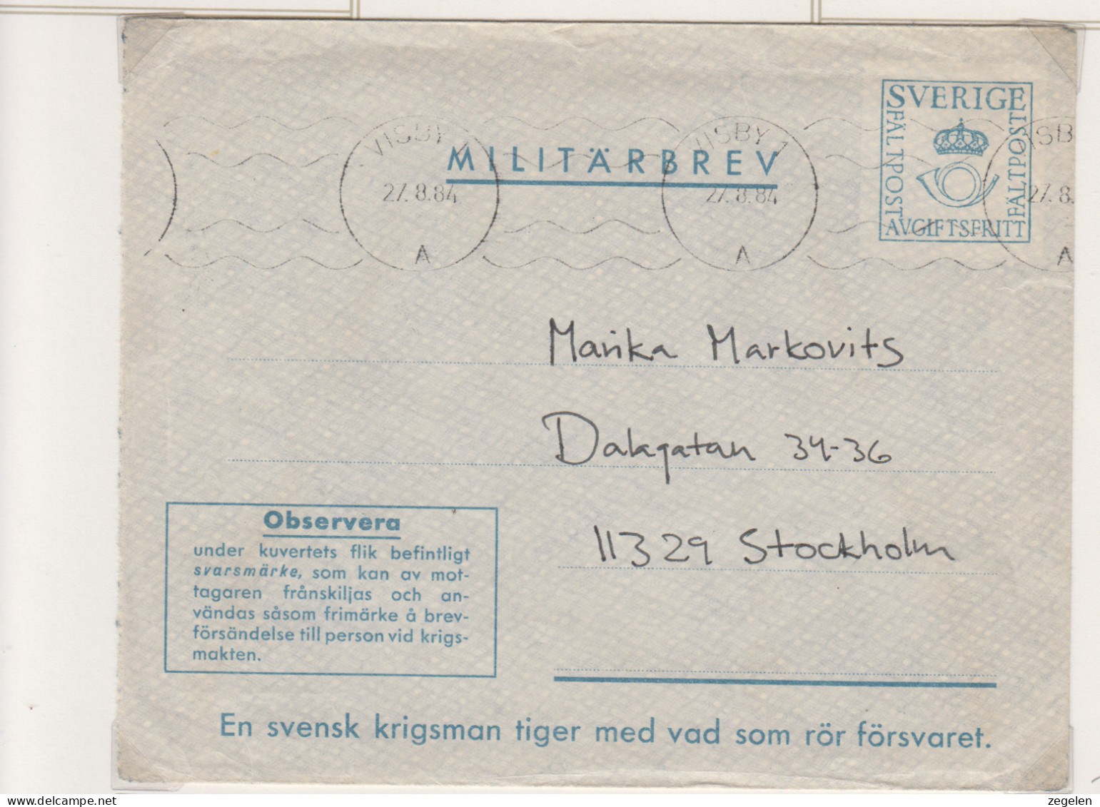 Zweden Militaire Zegel Cat. Michel Omslag - Militaires