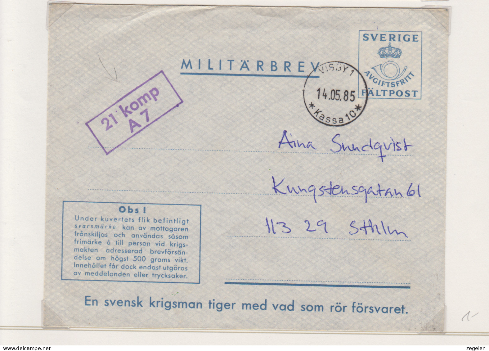 Zweden Militaire Zegel Cat. Michel Omslag - Militari