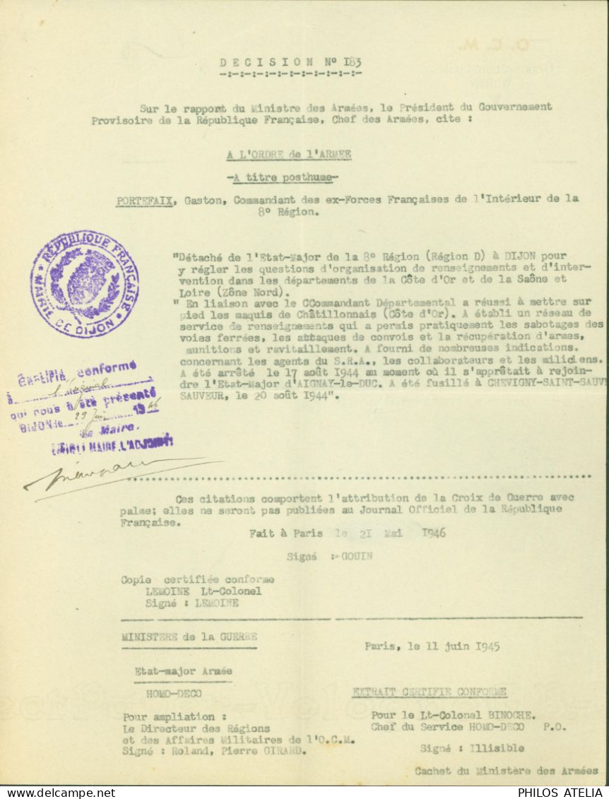 Guerre 40 Citation à L'ordre De L'armée à Titre Posthume Commandant FFI 8e Région Crée Marquis Chatillonnais Fusillé - Guerre De 1939-45
