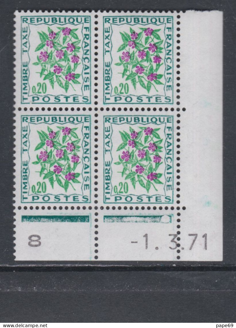 France Timbres-Taxe N° 98 XX Fleurs : 20 C. Pervenche, En Bloc De 4 Coin Daté Du 1 . 3 . 71 ; 1 Point Blanc, Ss Ch.,TB - Taxe