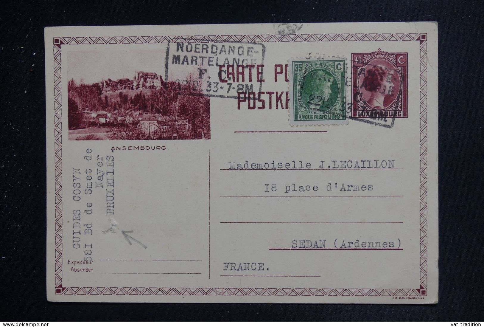 LUXEMBOURG - Entier Postal + Complément Pour Sedan En 1933 - L 151262 - Stamped Stationery