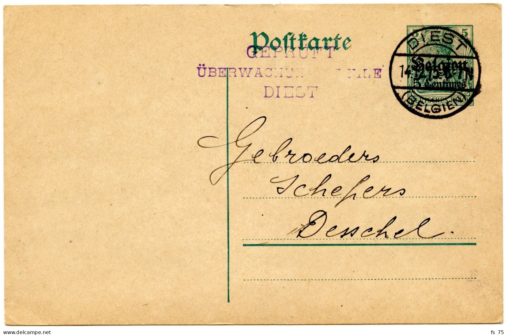 BELGIQUE - ENTIER 5 CENTIMES OCCUPATION BELGE DIEST + GEPRUFT DIEST, 1915 - Unbesetzte Zone