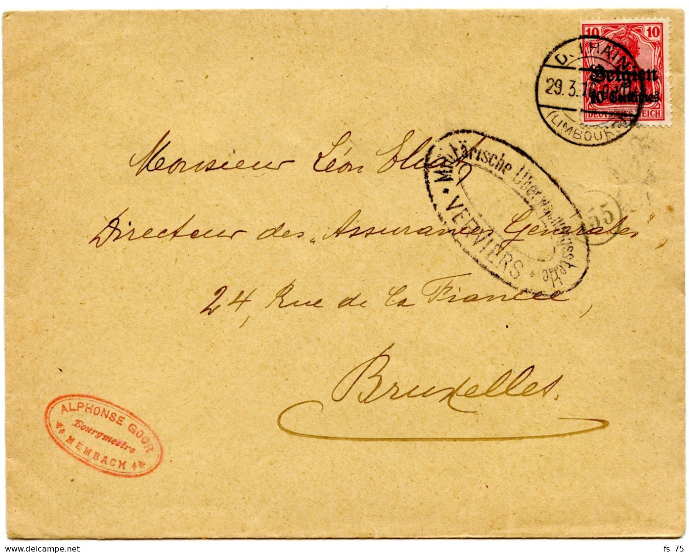 BELGIQUE - COB OC 3 DOLHAIN + CENSURE VERVIERS SUR LETTRE, 1916 - Not Occupied Zone