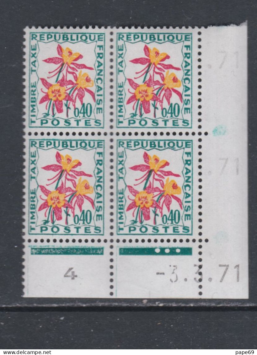 France Timbres-Taxe N° 100 XX Fleurs : 40 C. Ancolie, En Bloc De 4 Coin Daté Du 3. 3 . 71 ; 3 Points Blancs, Ss Ch., TB - Impuestos