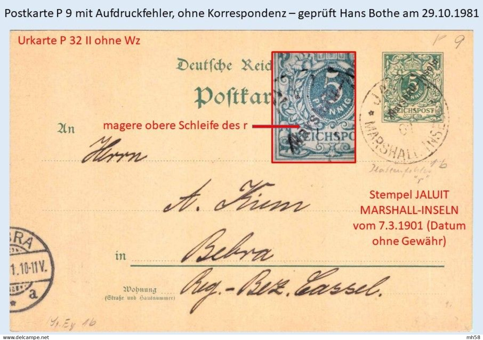 MARSHALL INSELN 1901 Ganzsache P 9 / Entier / Stationery - Aufdruckfehler / Variété - Jaluit Nach Bebra - Geprüft Bothe - Marshalleilanden