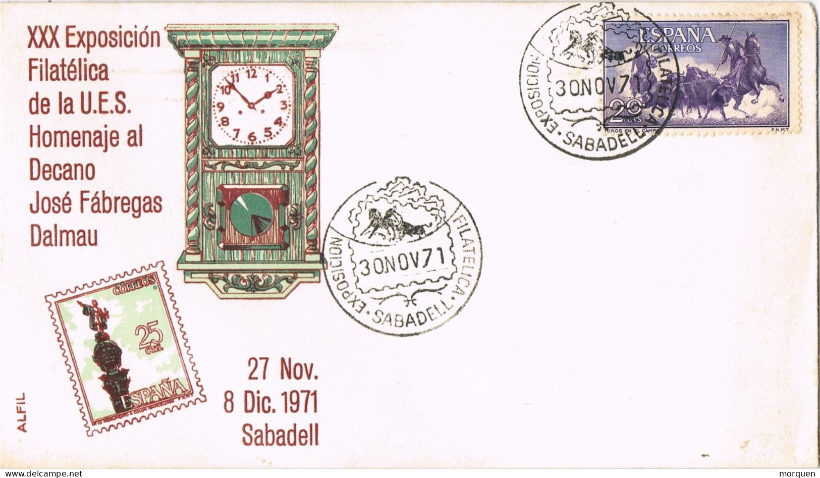 54621. Carta SABADELL (Barcelona) 1971. Homenaje Jose Fabregas. TOROS - Storia Postale