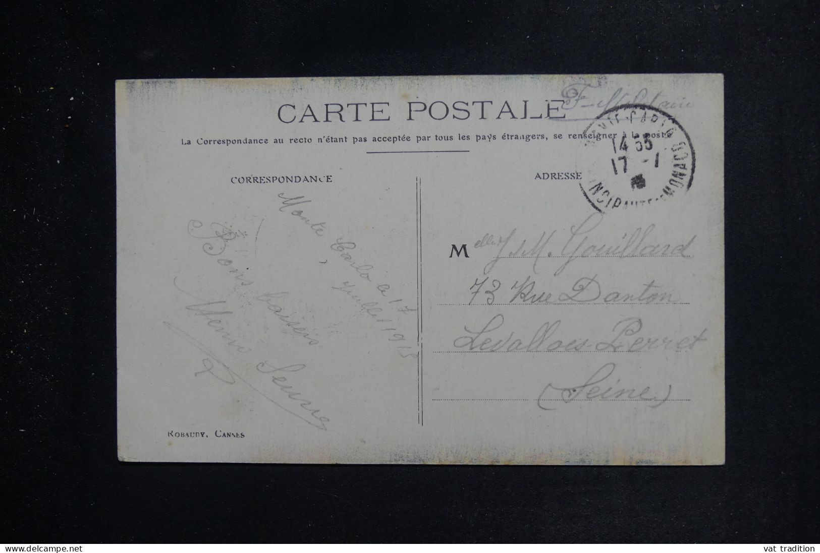 MONACO - Cachet De L'Hôpital Auxiliaire Alexandra Sur Carte Postale En Fm Pour Levallois Perret En 1915  - L 151271 - Covers & Documents