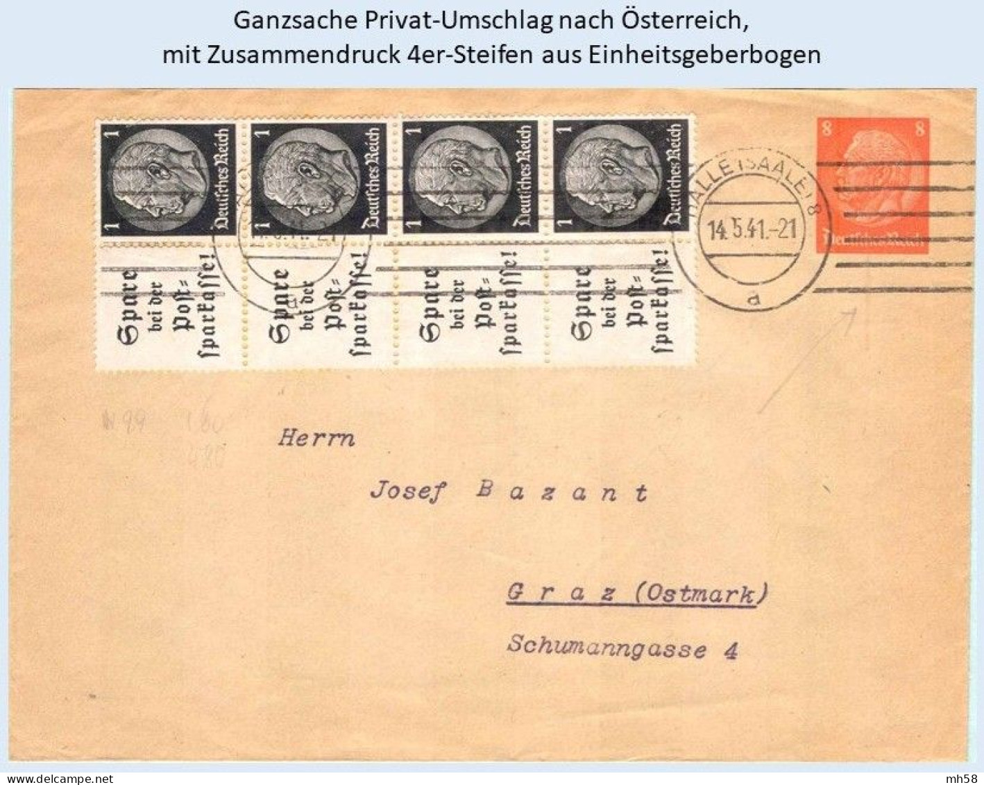 ALLEMAGNE REICH - Entier Privé / Ganzsache Privat - PU 125 + 4 X W 99 - Haale Nach Graz (Ostmark) 1941 - Hindenburg - Enteros Postales Privados