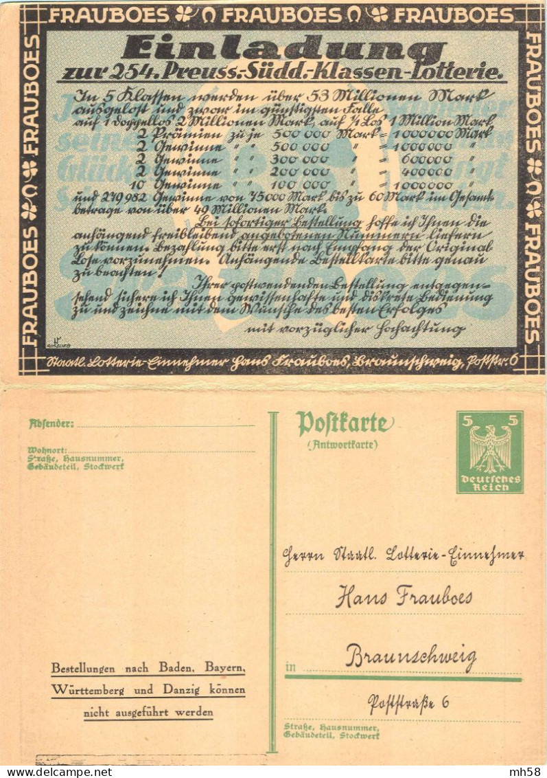 ALLEMAGNE REICH - Entier Privé Réponse Payée / Ganzsache Privat Antwortpostkarte - Lotterie Frauboes Braunschweig - Briefkaarten