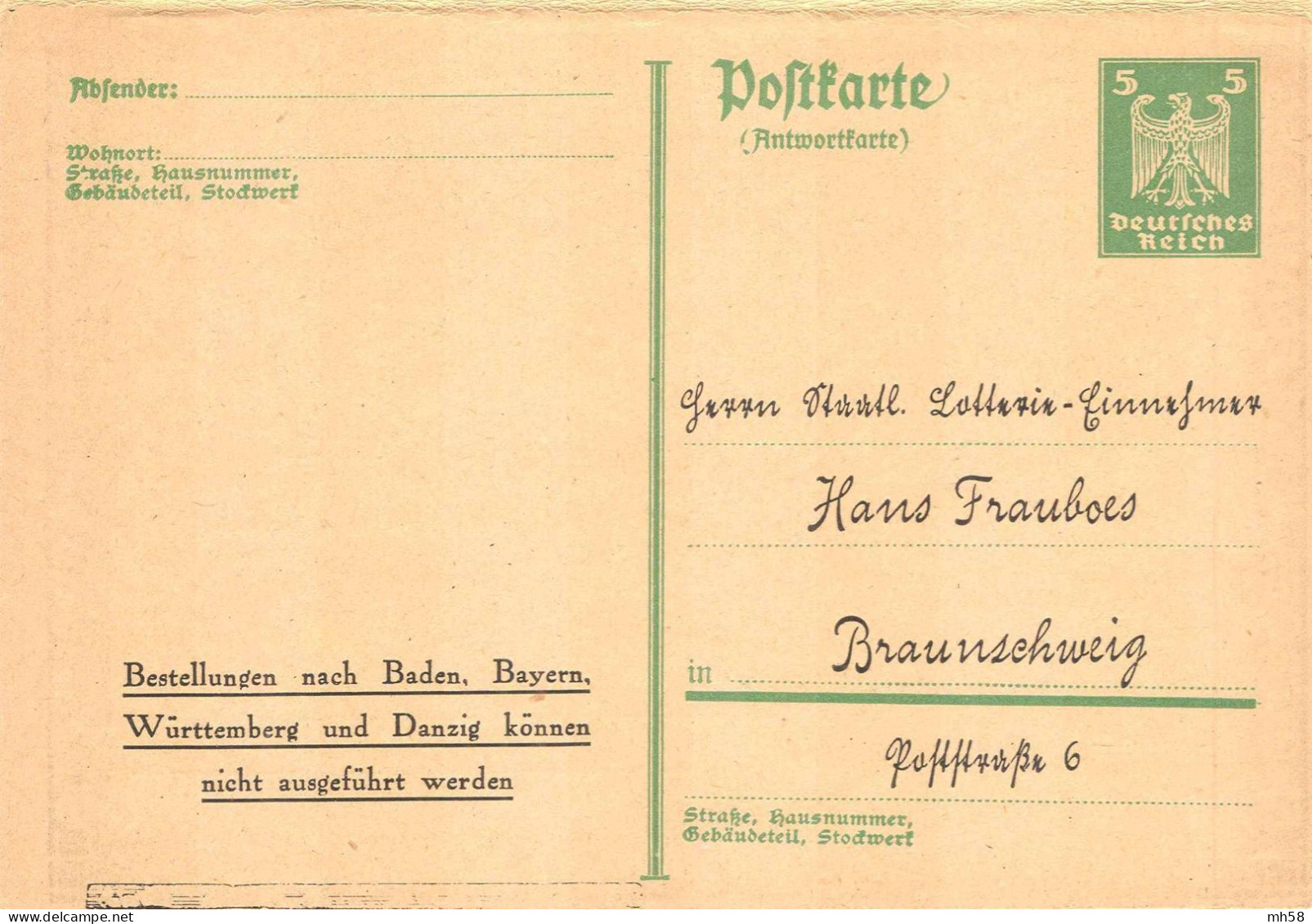 ALLEMAGNE REICH - Entier Privé Réponse Payée / Ganzsache Privat Antwortpostkarte - Lotterie Frauboes Braunschweig - Briefkaarten
