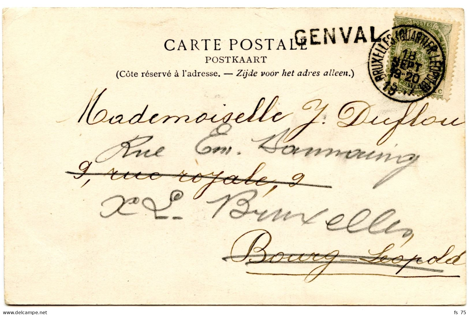 BELGIQUE - COB 53 SIMPLE CERCLE (QUARTIER LEOPOLD) + GRIFFE GENVAL SUR CARTE POSTALE, 1907 - 1893-1907 Stemmi