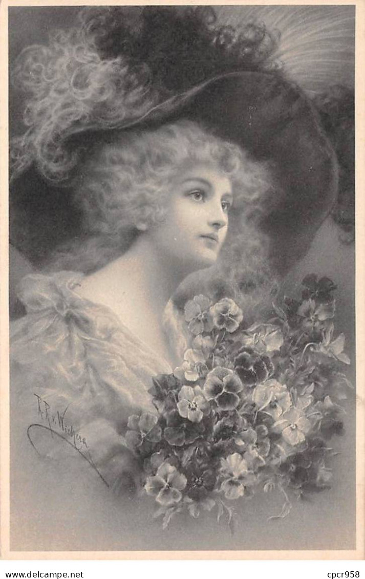 Illustrateur - N°87672 - Wichera - M.M. Vienne N°633 -Femme De Profil, Portant Un Grand Chapeau Et Un Bouquet De Pensées - Wichera