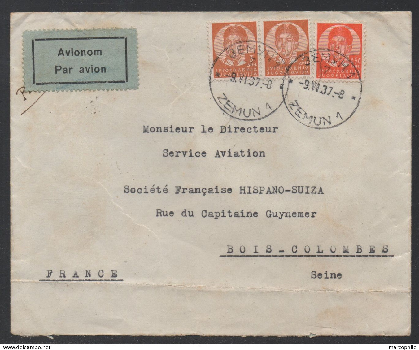 YOUGOSLAVIE - JUGOSLAVIJA - SERBIE - ZEMUN - Земун / 1937 LETTRE AVION ==> FRANCE - HISPANO SUIZA  (ref 8729) - Lettres & Documents