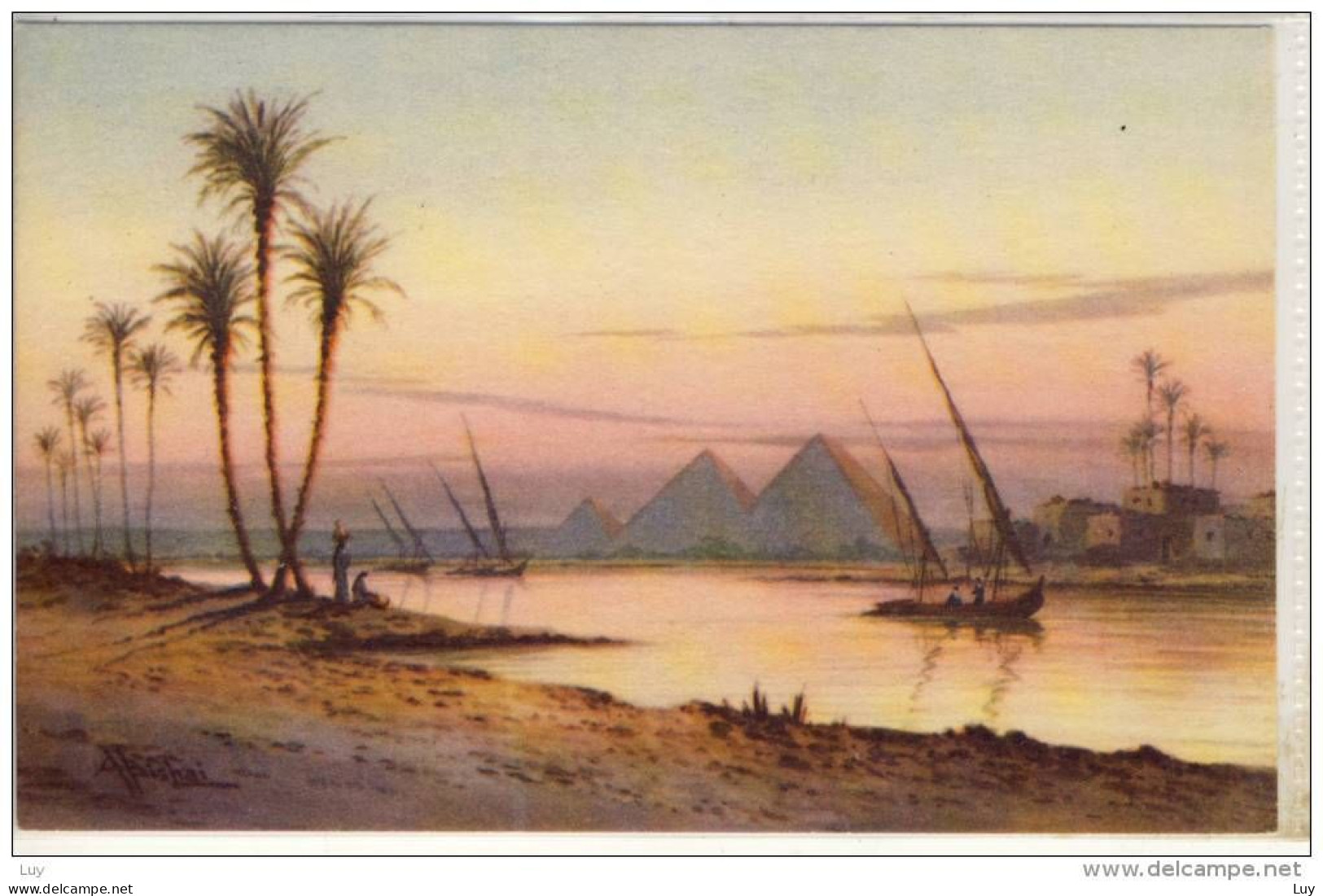 GIZEH - EGYPT  U.A.R - Glorius Sunset On The Nile Near The Pyramids Of Giza;  Artist PC Signed - Guiza