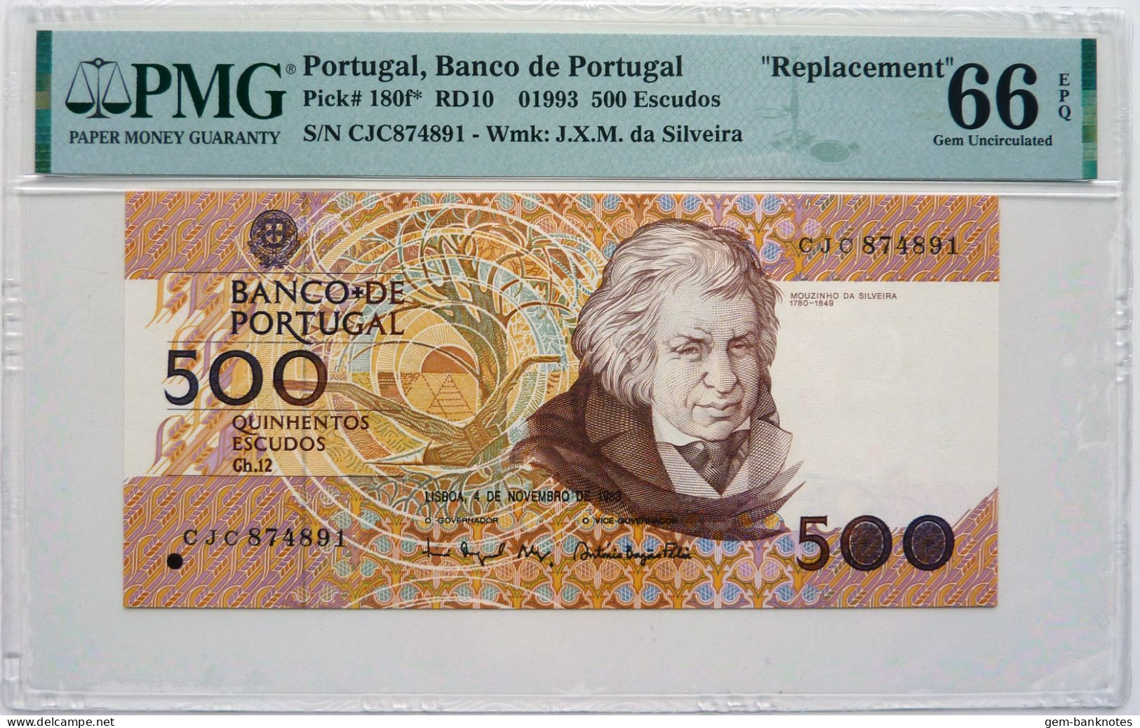 Portugal 500 Escudos 1993 P180f Prefix CJC Replacement Graded 66 EPQ Gem Uncirculated By PMG - Portugal