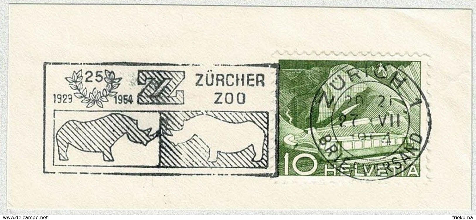 Schweiz / Helvetia 1954, Flaggenstempel Zürcher Zoo Zürich, Nashorne / Rhinozerosse / Rhinocerotidae - Neushoorn