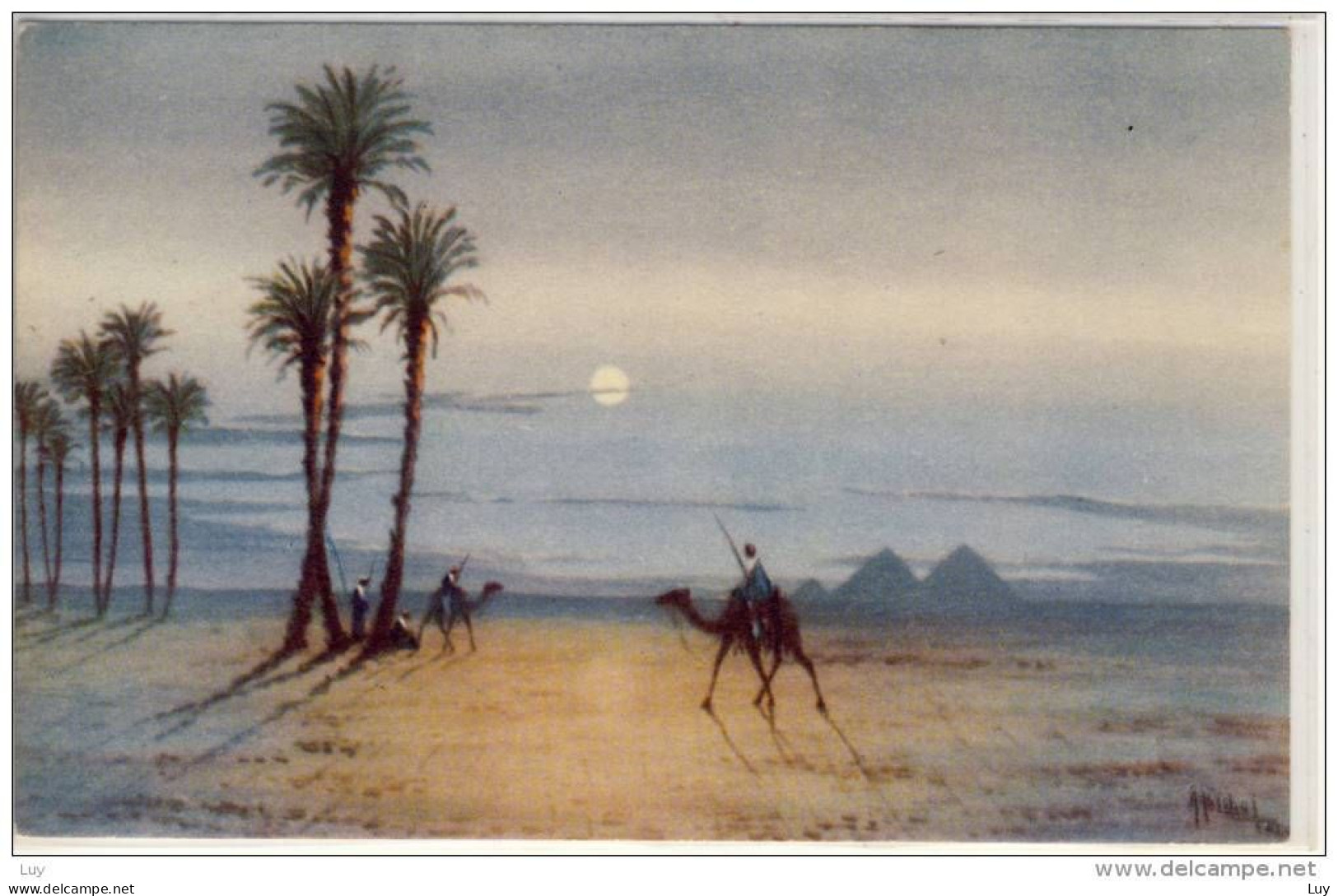 GIZEH - EGYPT  U.A.R - Moonlight Scene Near The Pyramids Of Giza;  Artist PC Signed, Mond, Moon, Luna, Lune - Gizeh