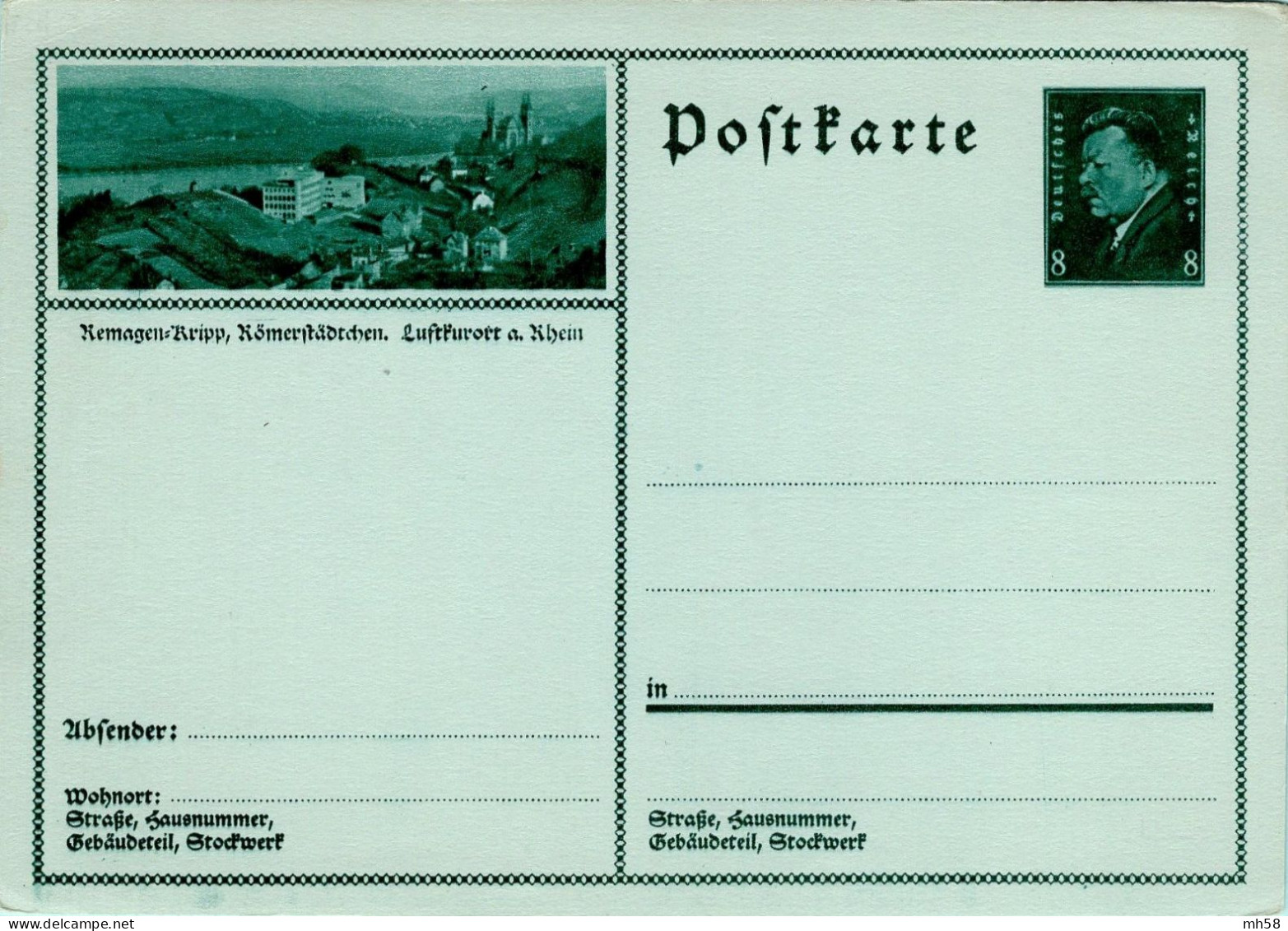 ALLEMAGNE REICH - Entier / Ganzsache P 189 * - Bildpostkarte Remagen-Kripp - 8 Pf Ebert - Briefkaarten