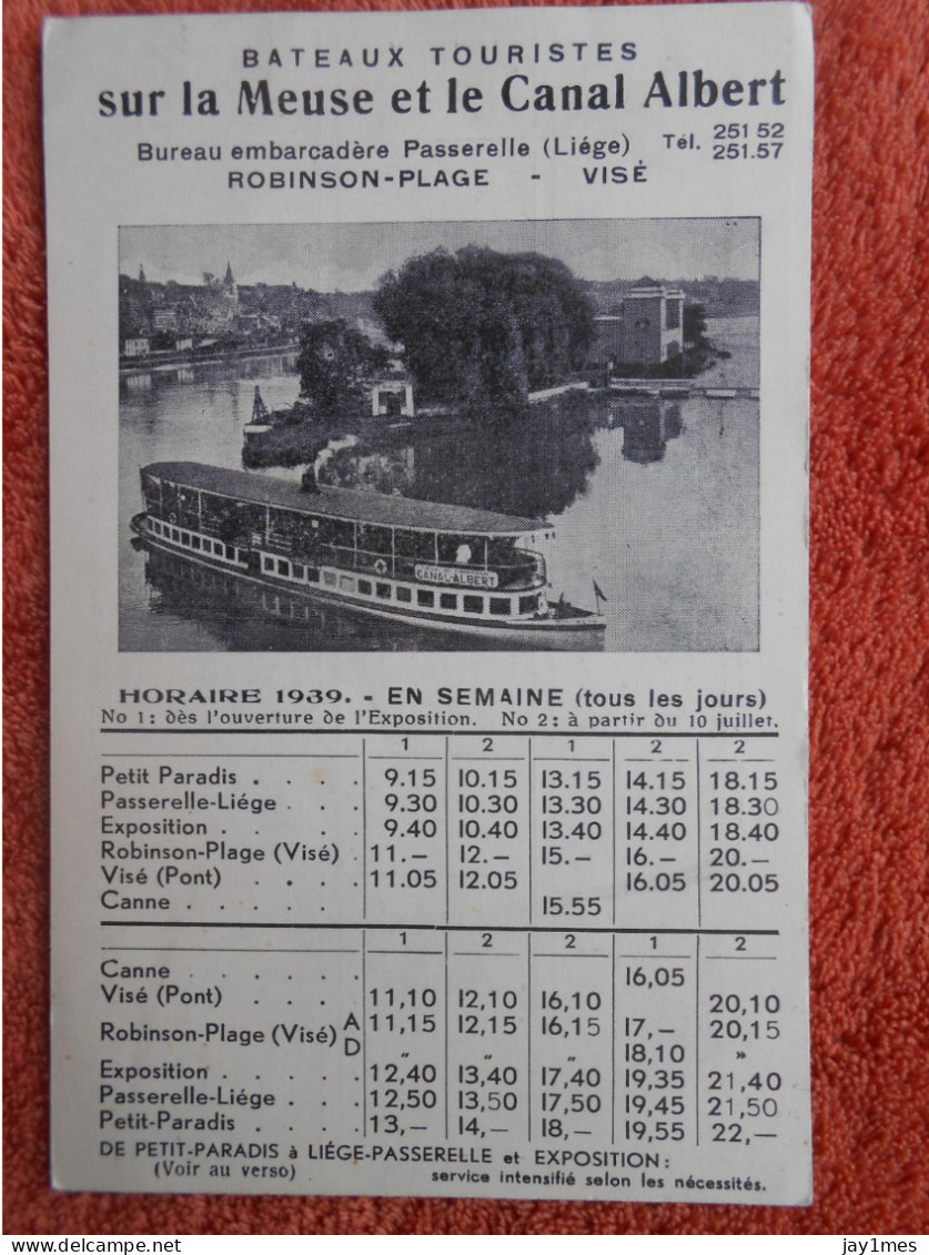 Cpa Liege  Publicité Bateaux Touristes Horaire 1939 - Liege