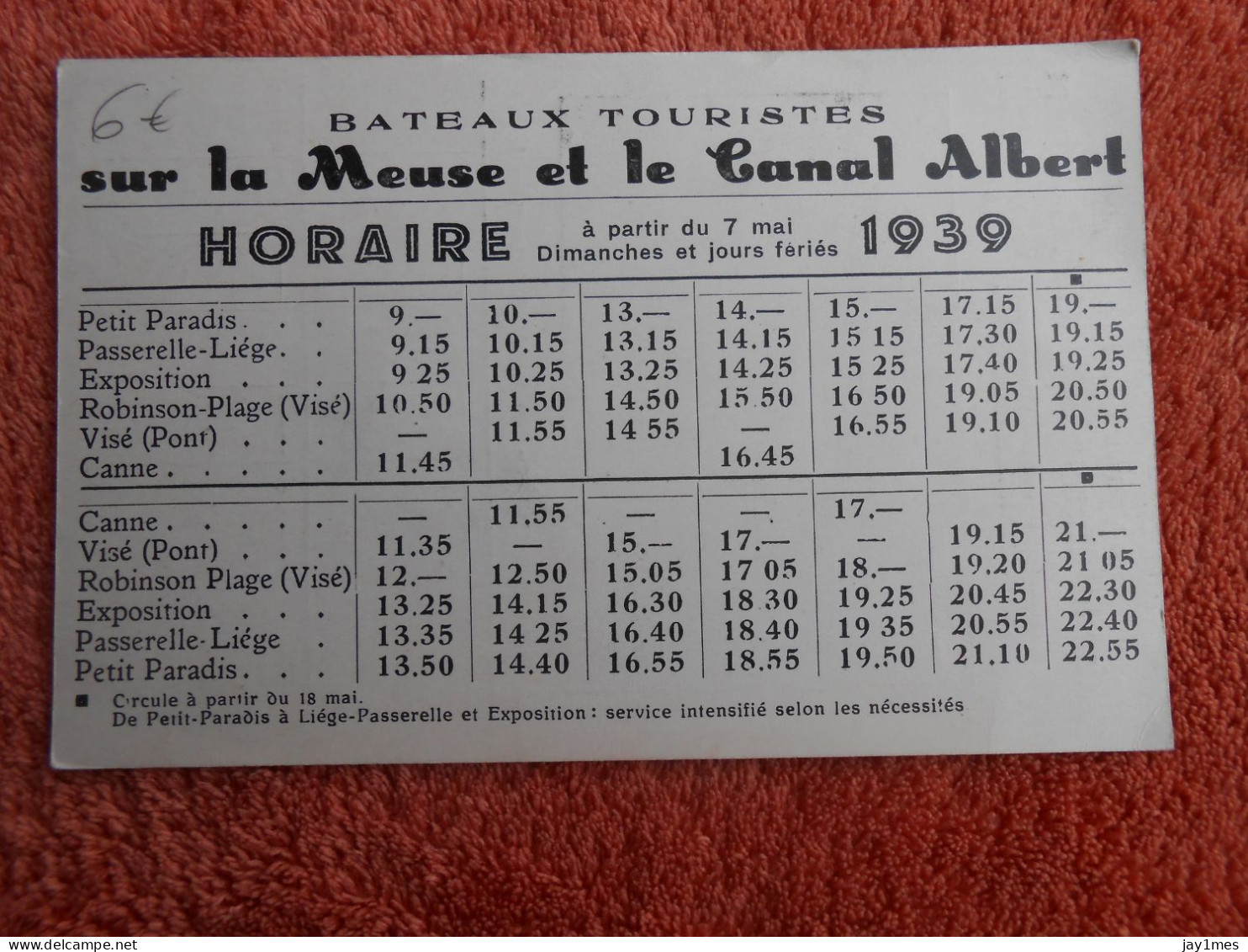 Cpa Liege  Publicité Bateaux Touristes Horaire 1939 - Liege